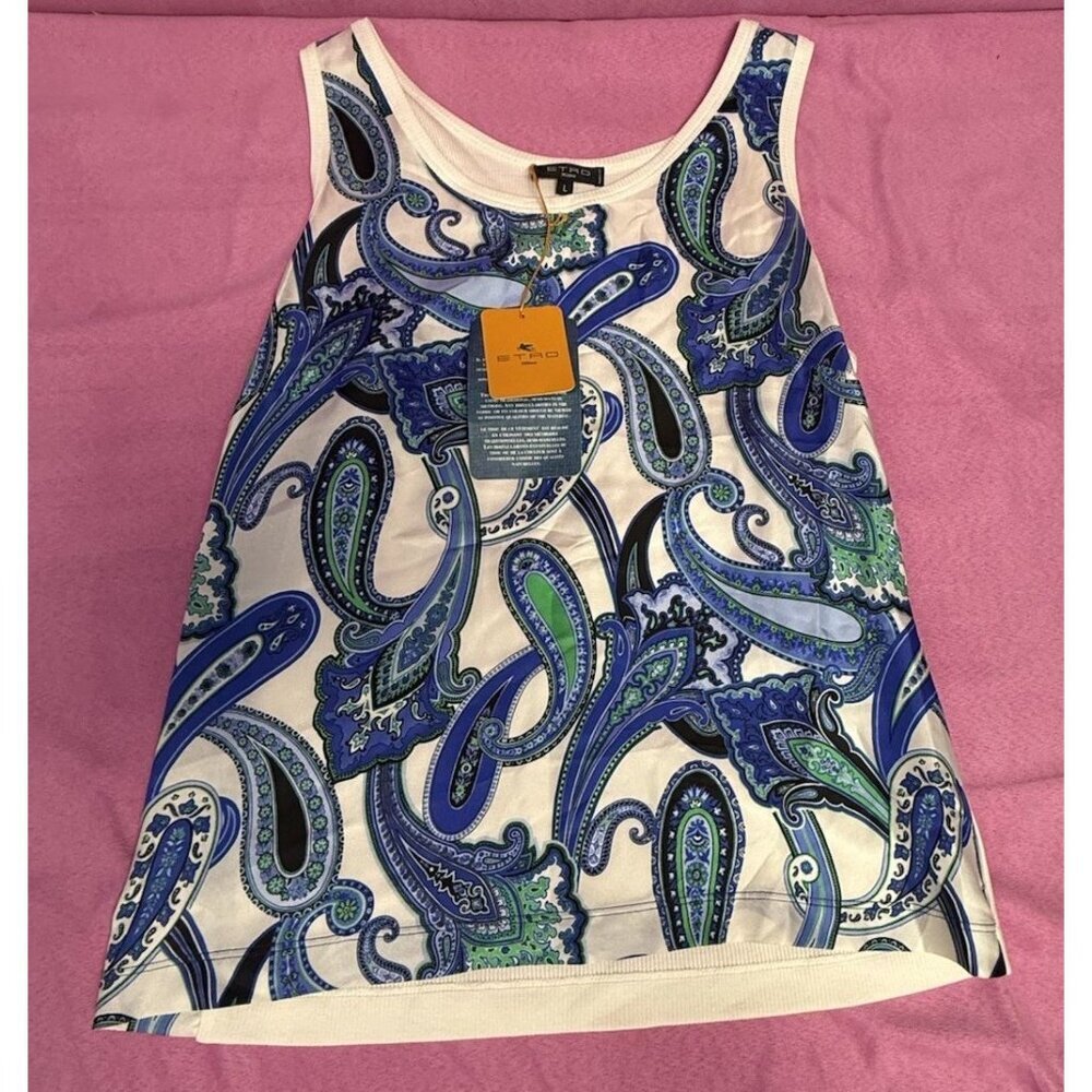 NEW Etro Milano women’s blue and green paisley silk cotton tank blouse sz large